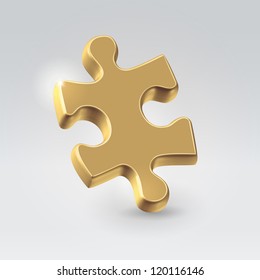 Golden jigsaw puzzle piece hanging alone over light background - business concept illustration.