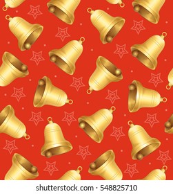 Golden Jingle Bells Background Pattern on Red. Symbol Of The Winter Holidays Vector illustration