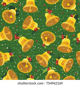 Golden jingle bells background pattern. Christmas holiday collection. Red holly and golden bells. Happy new year. Xmas shine design for greeting card