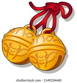 Golden jingle bells with a bee pattern isolated on white background. Vector cartoon close-up illustration.