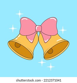 Golden Jingle bells decorated with red bow. Concept Merry Christmas and Happy New Year. 1970s retro style. Print to graphic tee, poster, sticker, banner, flyer, badge, advertising. Vector illustration