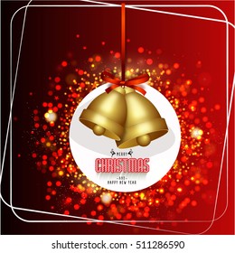 Golden Jingle Bells hanging on shiny red background for Merry Christmas and Happy New Year celebration.