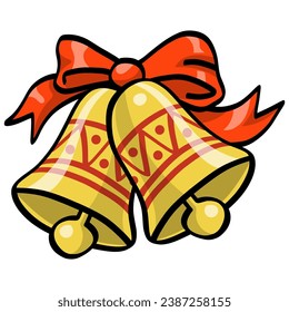 Golden Jingle Bells with Red Ribbon Merry Christmas Happy New Year Vector illustration