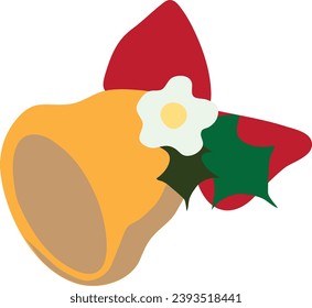 Golden Jingle bells with red ribbon and white flower.Concept Merry Christmas, Happy New Year. Cartoon flat design. Vector illustration.
