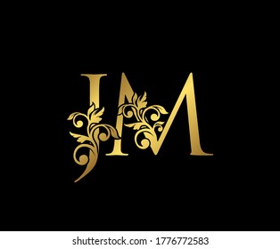 Golden JM, J and M Luxury Logo Icon, Vintage Gold  Initials Mark Design. Elegant luxury gold color on black background