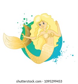 Golden joyful mermaid.Vector illustration. Cartoon style