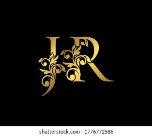 Golden JR, J and R Luxury Logo Icon, Vintage Gold  Initials Mark Design. Elegant luxury gold color on black background