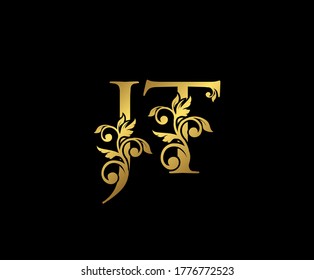 Golden JT, J and T Luxury Logo Icon, Vintage Gold  Initials Mark Design. Elegant luxury gold color on black background