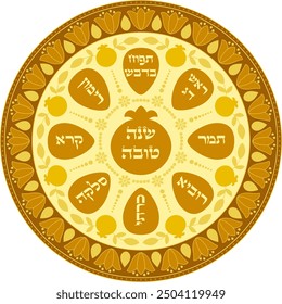 Golden Judaica art decoration of Rosh Hashanah meal plate with hebrew names. Translation from Hebrew "A good year"