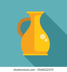 Golden jug standing on a flat surface, casting a long shadow over a blue background