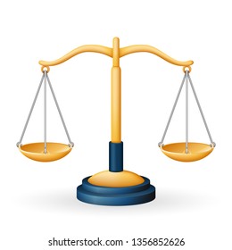 Golden justice scales law equality balance measure symbol isolated icon realistic icon design 3d vector illustration