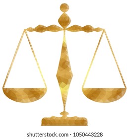 Golden Justice scales or Zodiac sign of Libra style design. Polygonal low poly  illustration with triangles, line, connecting dots on white background. Business wireframe polygon concept.