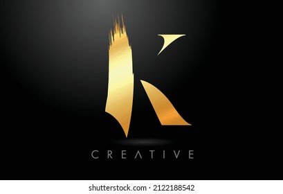 Golden K Brush Letter Logo with Gold Foil Texture Look. Artistic K Elegant Golden Style Logo Vector with Serif Font and Minimalist Brush Stroke Vector.