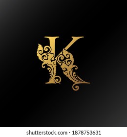 Golden K Letter Logo Ornate Decoration Elegance Swirl Ornament Luxury Style  Vector  Design