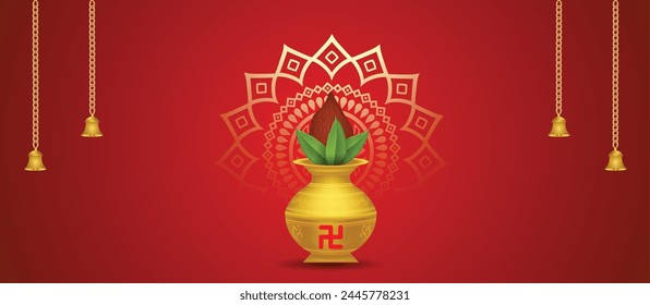 Golden kalash with temple bell on red background for Hindu festival