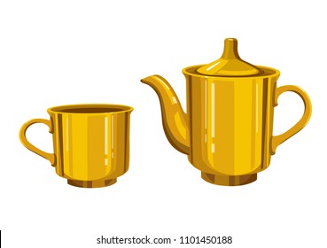 golden kettle and cup illustration vector
