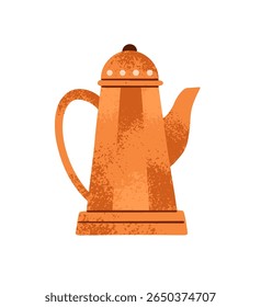 Golden kettle for preparing herbal beverages or coffee. Metal tea pot to boil water to brew herbs. Gold teapot with lid for cooking hot drinks. Flat isolated vector illustration on white background