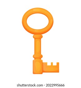 Golden key, ancient castle tool in cartoon style isolated on white background. Fairy comic ui game asset. Bright mystery object. 