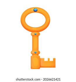 Golden key, ancient castle tool in cartoon style isolated on white background. Fairy comic ui game asset. Bright mystery object. 