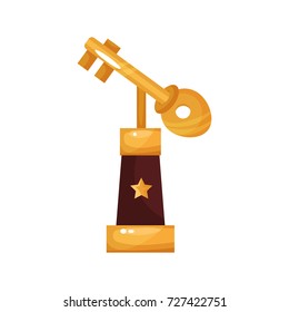 Golden key award, trophy statuette cartoon vector Illustration