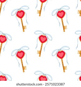 Golden key with bow and heart. Valentine's Day seamless pattern for textile, wrapping paper, background.