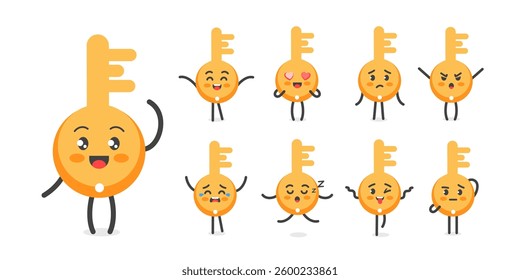 Golden Key character set of poses and emotions, mascot symbol real estate, access, privileges