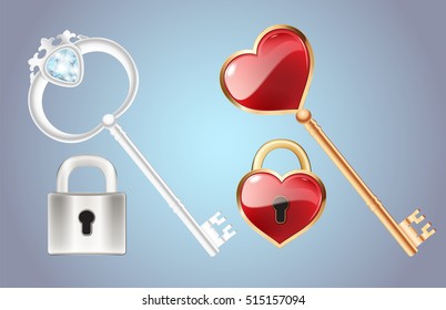 Golden key with diamond and gold closed lock
Door lock with a red heart vector 