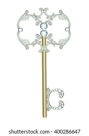 Golden key with diamonds isolated on white