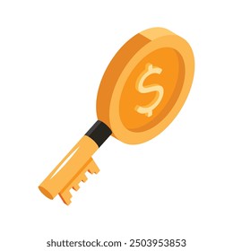 A golden key with a dollar sign, symbolizing financial success and opportunity isometric icon