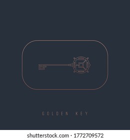 Golden Key. Gold gradient. Vintage, Retro style. Minimalistic outline Icon. Elegant geometric design. Trendy Vector illustration. Isolated on a dark background. Logo, print template