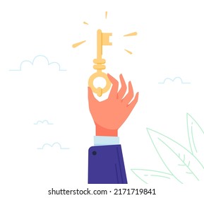 Golden Key In Hand. Hands Holding Gold Secret Keys From Lock Door Residential Property, Success Unlock Opportunity Successful Estate Owner Or Agent Admin Access Vector Illustration. Golden Key