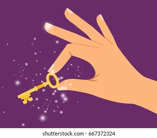 Golden key in hand vector illustration. Sparkling and glowing secret gold key for fabulous closed door