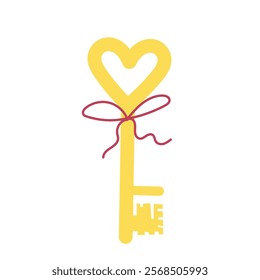 Golden key in a heart shape with bow of thin red ribbon as a symbol of love. Hand drawn vector illustration in flat style. Happy Valentines Day celebration, invitation, greeting card, icon design