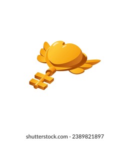 Golden key with heart and wings flat style, vector illustration isolated on white background. Decorative design element for online games, symbol of security and lock