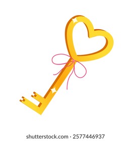 Golden key icon in heart shape for St. Valentine's Day holiday isolated on white background.	