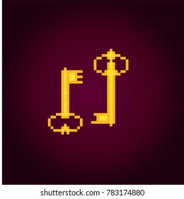 Golden key icon. Pixel art. Old school computer graphic style. Games elements.