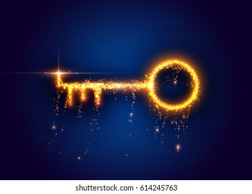 Golden key, from light particles. Vector illustration