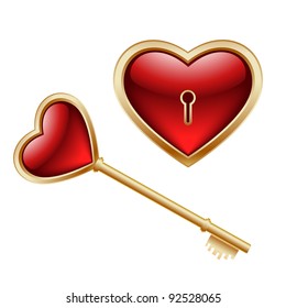 Golden key with a little heart inside and lock as heart