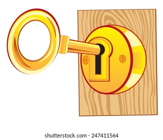 Golden key in lock door from tree