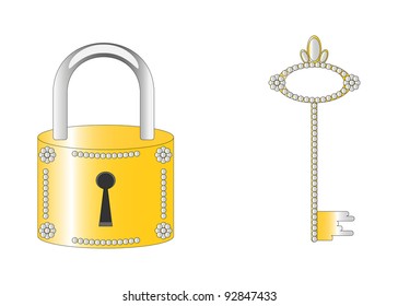 The golden key and lock isolated in white background, vector illustration, concept.