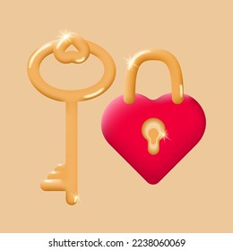 Goldener Schlüssel und Schloss in Form eines Herzens mit einem Schlüsselloch 3d. Das Konzept der Feier des Valentinstag, der Liebe und der Ehe. Cute Vektorgrafik.