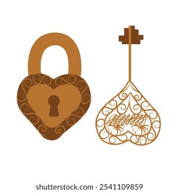 Golden key and lock in the shape of hearts. Concept of strong love. Illustration for Valentine's Day, wedding. Vector illustration isolated on white background.