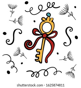 Golden key Magic design element hand drawn. Vector doodle illustration on transparent backgrounds.