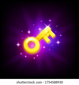 Golden key mobile game icon password symbol on dark background. Mobile app GUI vector design element in cartoon style