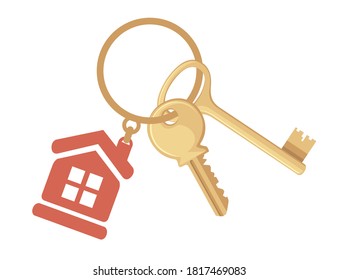 Golden key on ring with keychain house keys flat vector illustration on white background