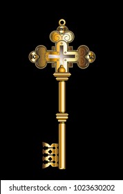 Golden key with Orthodox Christian symbols. An ancient key of faith.