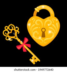 Golden key and padlock. Cartoon ornate symbol of security, antique elements for locking doors, vector illustration of decorative medieval objects for home protection on black backgr