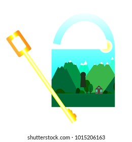golden key and padlock with nature