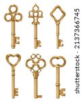 Golden key. Real estate symbols medieval ornate vintage keys for doors decent vector 3d realistic illustrations