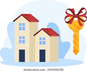 Goldener Schlüssel mit roter Schleife neben zwei stilisierten Häusern. Eigenheimkonzept, Geschenk für Immobilien. Immobilienkauf, Hauswärmung Gegenwart Vektorgrafik.